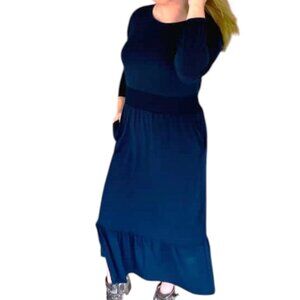 NEW NWT Tags LuLaRoe Evelyn Smocked Waist Maxi Dress Long Sleeve Navy Blue Solid